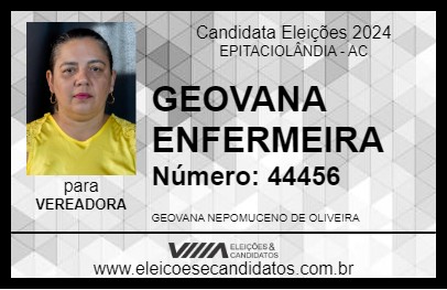 Candidato GEOVANA ENFERMEIRA 2024 - EPITACIOLÂNDIA - Eleições