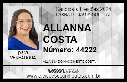 Candidato ALLANNA COSTA 2024 - BARRA DE SÃO MIGUEL - Eleições