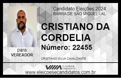 Candidato CRISTIANO DA CORDELIA 2024 - BARRA DE SÃO MIGUEL - Eleições