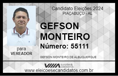 Candidato GEFSON MONTEIRO 2024 - PIAÇABUÇU - Eleições