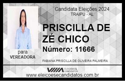 Candidato PRISCILLA DE ZÉ CHICO 2024 - TRAIPU - Eleições