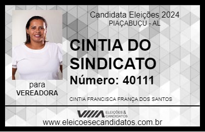 Candidato CINTIA DO SINDICATO 2024 - PIAÇABUÇU - Eleições