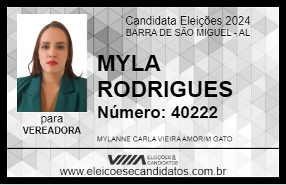 Candidato MYLA RODRIGUES 2024 - BARRA DE SÃO MIGUEL - Eleições