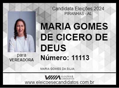 Candidato MARIA GOMES DE CICERO DE DEUS 2024 - PIRANHAS - Eleições