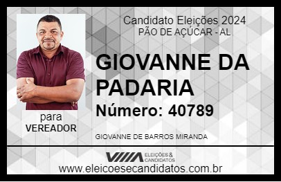 Candidato GIOVANNE DA PADARIA 2024 - PÃO DE AÇÚCAR - Eleições