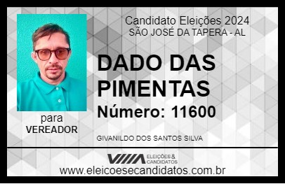 Candidato DADO DAS PIMENTAS 2024 - SÃO JOSÉ DA TAPERA - Eleições