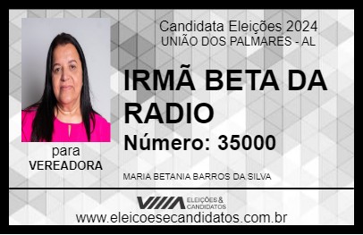 Candidato IRMÃ BETA DA RADIO 2024 - UNIÃO DOS PALMARES - Eleições