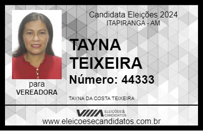 Candidato TAYNA TEIXEIRA 2024 - ITAPIRANGA - Eleições