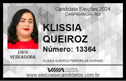 Candidato KLISSIA QUEIROZ 2024 - CAAPIRANGA - Eleições