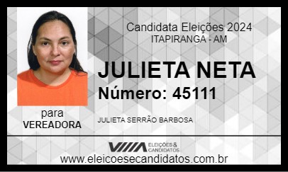 Candidato JULIETA NETA 2024 - ITAPIRANGA - Eleições