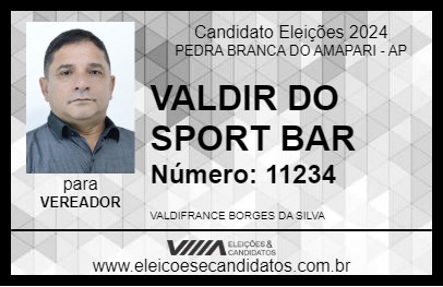 Candidato VALDIR DO SPORT BAR 2024 - PEDRA BRANCA DO AMAPARI - Eleições