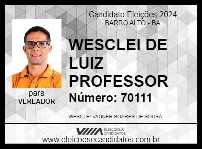 Candidato WESCLEI DE LUIZ PROFESSOR 2024 - BARRO ALTO - Eleições