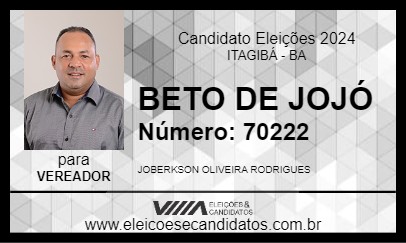 Candidato BETO DE JOJÓ 2024 - ITAGIBÁ - Eleições