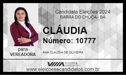 Candidato CLÁUDIA 2024 - BARRA DO CHOÇA - Eleições