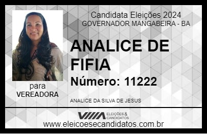 Candidato ANALICE DE FIFIA 2024 - GOVERNADOR MANGABEIRA - Eleições