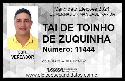 Candidato TAI DE TOINHO DE ZUQUINHA 2024 - GOVERNADOR MANGABEIRA - Eleições