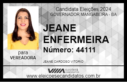 Candidato JEANE ENFERMEIRA 2024 - GOVERNADOR MANGABEIRA - Eleições