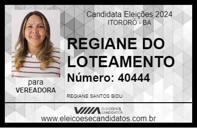 Candidato REGIANE DO LOTEAMENTO 2024 - ITORORÓ - Eleições