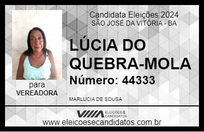 Candidato LÚCIA DO QUEBRA-MOLA 2024 - SÃO JOSÉ DA VITÓRIA - Eleições