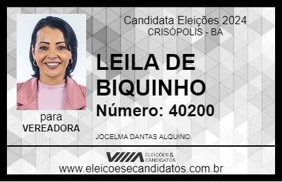 Candidato LEILA DE BIQUINHO 2024 - CRISÓPOLIS - Eleições