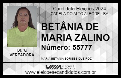 Candidato BETÂNIA DE MARIA ZALINO 2024 - CAPELA DO ALTO ALEGRE - Eleições