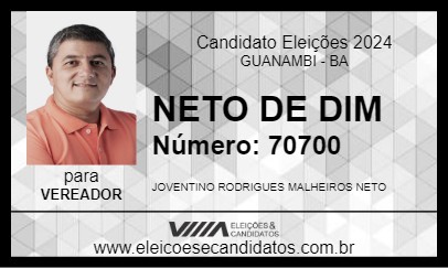 Candidato NETO DE DIM 2024 - GUANAMBI - Eleições