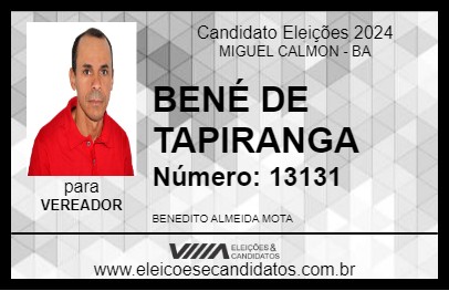 Candidato BENÉ DE TAPIRANGA 2024 - MIGUEL CALMON - Eleições