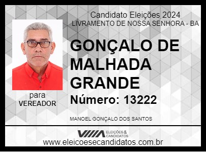 Candidato GONÇALO DE MALHADA GRANDE 2024 - LIVRAMENTO DE NOSSA SENHORA - Eleições