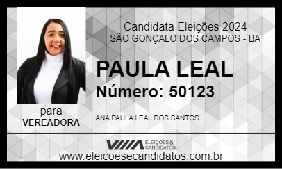 Candidato PAULA LEAL 2024 - SÃO GONÇALO DOS CAMPOS - Eleições