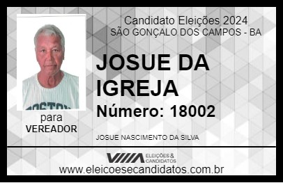 Candidato JOSUE DA IGREJA 2024 - SÃO GONÇALO DOS CAMPOS - Eleições