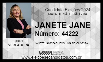 Candidato JANETE JANE 2024 - MATA DE SÃO JOÃO - Eleições