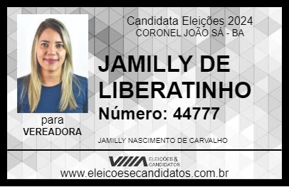 Candidato JAMILLY DE LIBERATINHO 2024 - CORONEL JOÃO SÁ - Eleições