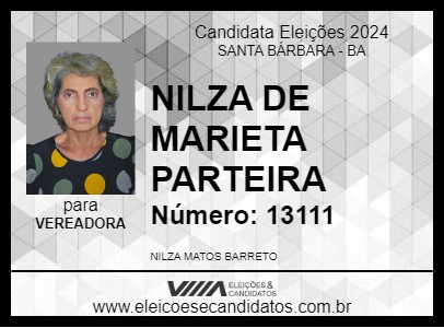 Candidato NILZA DE MARIETA PARTEIRA 2024 - SANTA BÁRBARA - Eleições