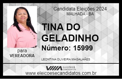 Candidato TINA DO GELADINHO 2024 - MALHADA - Eleições