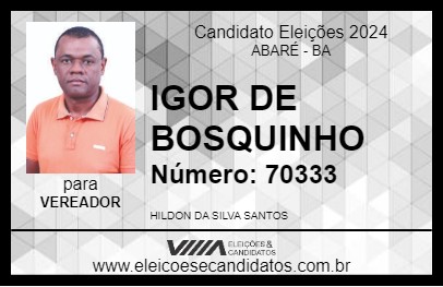 Candidato IGOR DE BOSQUINHO 2024 - ABARÉ - Eleições