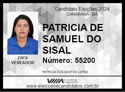 Candidato PATRICIA DE SAMUEL DO SISAL 2024 - CANARANA - Eleições