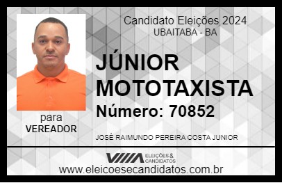 Candidato JÚNIOR MOTOTAXISTA 2024 - UBAITABA - Eleições