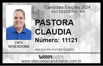 Candidato PASTORA CLAUDIA 2024 - SÃO DESIDÉRIO - Eleições