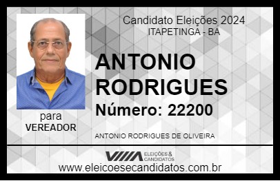 Candidato ANTONIO RODRIGUES 2024 - ITAPETINGA - Eleições