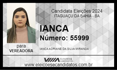 Candidato IANCA DA TABATINGA 2024 - ITAGUAÇU DA BAHIA - Eleições