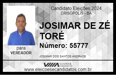 Candidato JOSIMAR DE ZÉ TORÉ 2024 - CRISÓPOLIS - Eleições