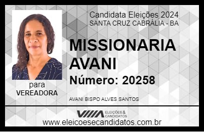 Candidato MISSIONARIA AVANI 2024 - SANTA CRUZ CABRÁLIA - Eleições