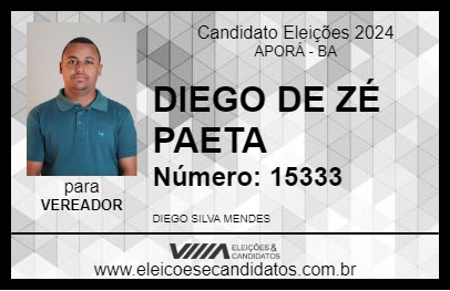 Candidato DIEGO DE ZÉ PAETA 2024 - APORÁ - Eleições