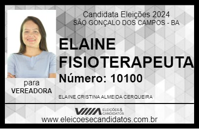 Candidato ELAINE FISIOTERAPEUTA 2024 - SÃO GONÇALO DOS CAMPOS - Eleições