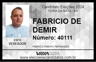 Candidato FABRICIO DE DEMIR 2024 - FEIRA DA MATA - Eleições