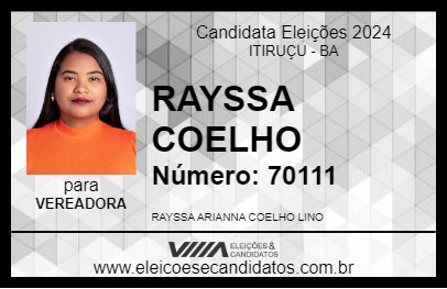 Candidato RAYSSA COELHO 2024 - ITIRUÇU - Eleições