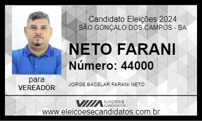 Candidato NETO FARANI 2024 - SÃO GONÇALO DOS CAMPOS - Eleições