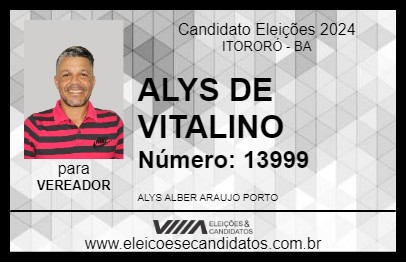 Candidato ALYS DE VITALINO 2024 - ITORORÓ - Eleições