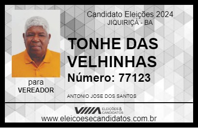 Candidato TONHE DAS VELHINHAS 2024 - JIQUIRIÇÁ - Eleições