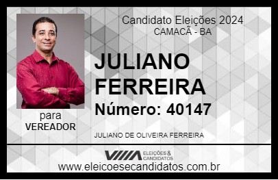 Candidato JULIANO FERREIRA 2024 - CAMACÃ - Eleições